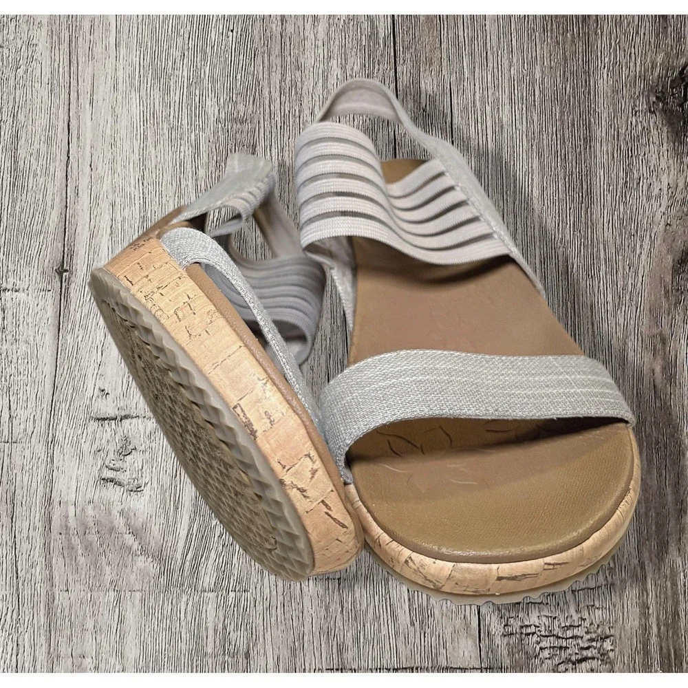 Skechers Brie Luxe Foam Womens 8 Glittery Taupe Slingback Platform Wedge Sandals